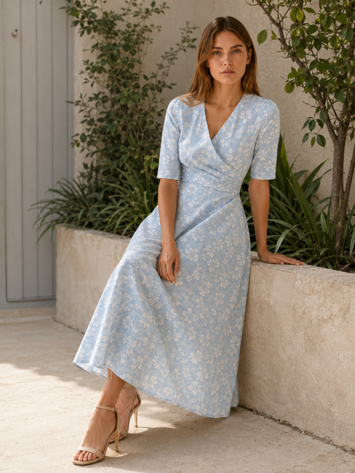 Raina | Floral Midi Dress with V Neck and Side Pockets