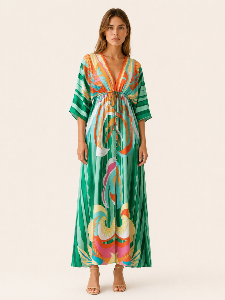 Raisa | Printed Maxi Dress with V Neck and Tie Waist