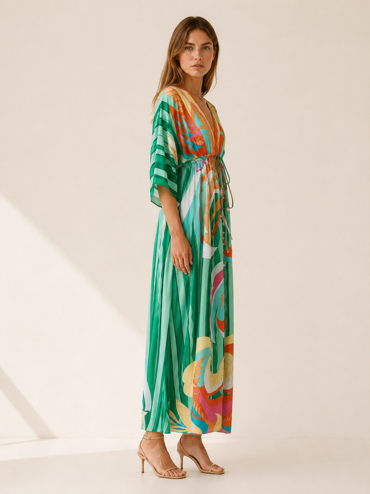 Raisa | Printed Maxi Dress with V Neck and Tie Waist