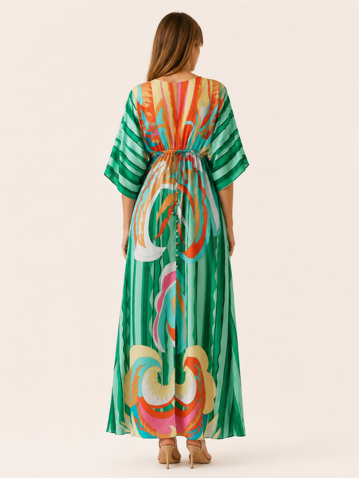 Raisa | Printed Maxi Dress with V Neck and Tie Waist