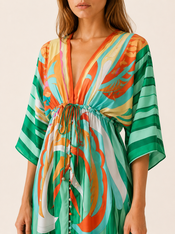 Raisa | Printed Maxi Dress with V Neck and Tie Waist