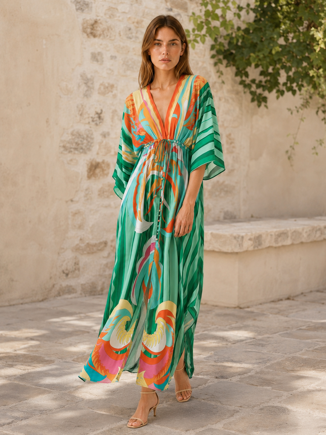 Raisa | Printed Maxi Dress with V Neck and Tie Waist