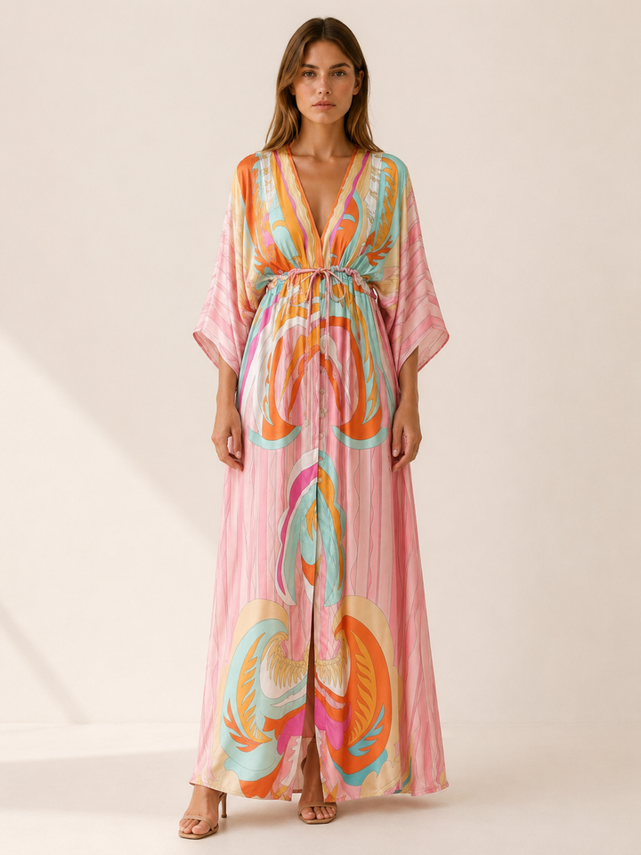 Raisa | Printed Maxi Dress with V Neck and Tie Waist