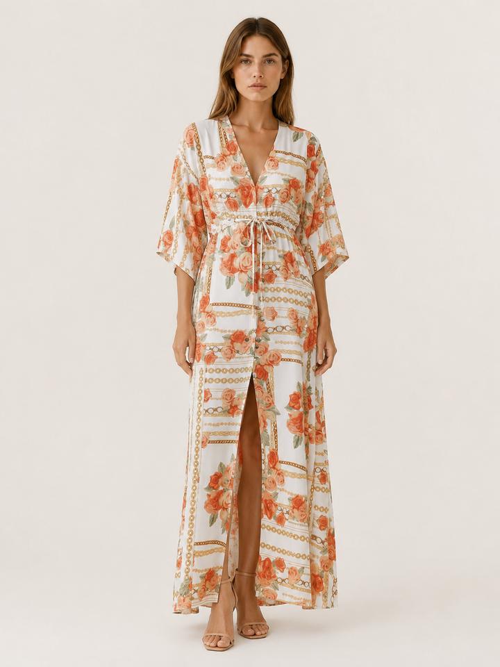 Raisa | Printed Maxi Dress with V Neck and Tie Waist