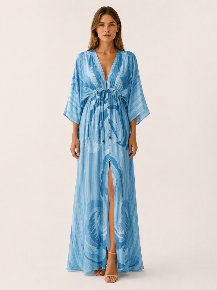 Raisa | Printed Maxi Dress with V Neck and Tie Waist