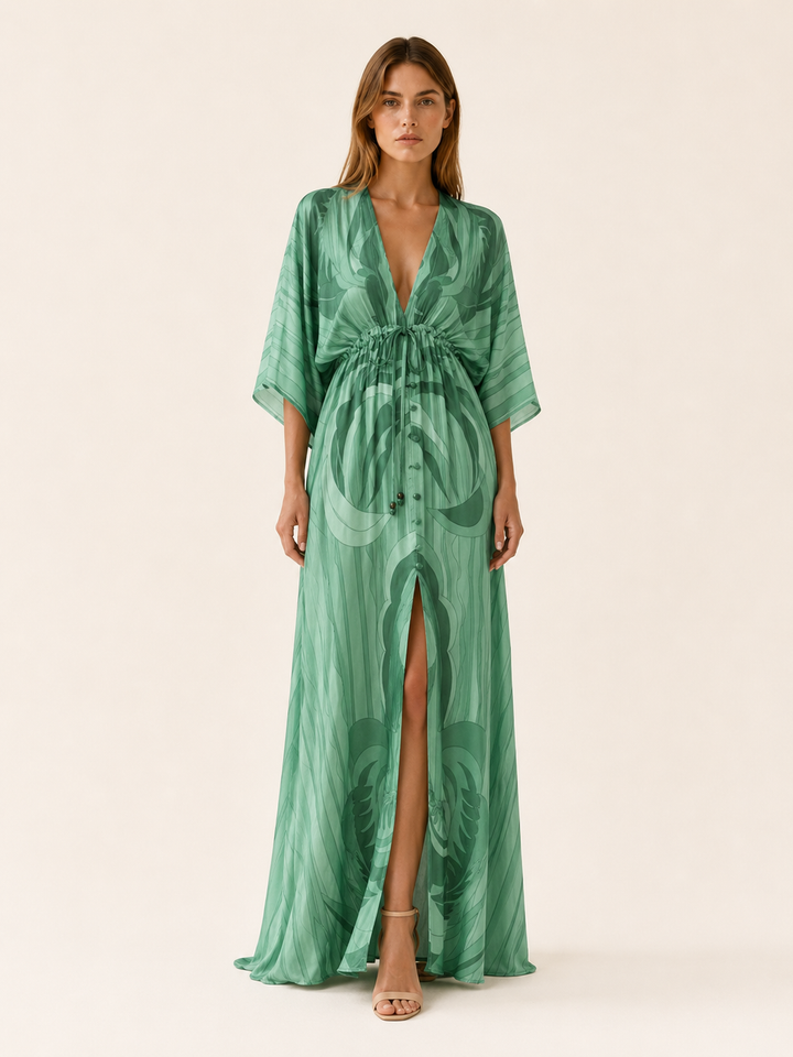 Raisa | Printed Maxi Dress with V Neck and Tie Waist