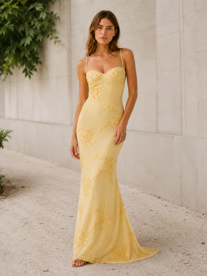 Rilana | Floral Corset Maxi Dress with Lace-Up Back