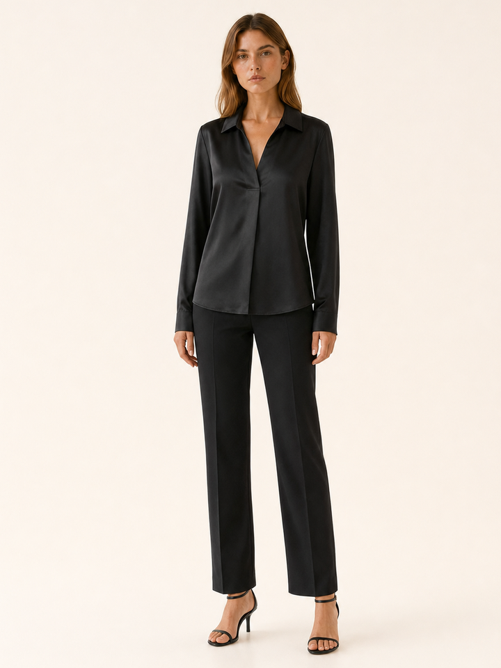 Sigrid | Satin V-Neck Blouse with Long Sleeves