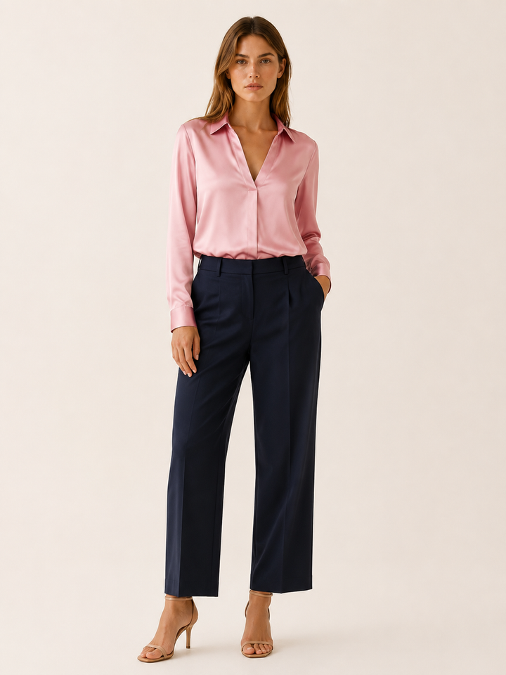 Sigrid | Satin V-Neck Blouse with Long Sleeves