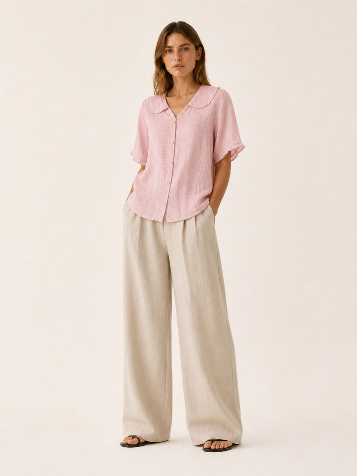 Thalia | Linen Blouse with Scalloped Collar and Button Front