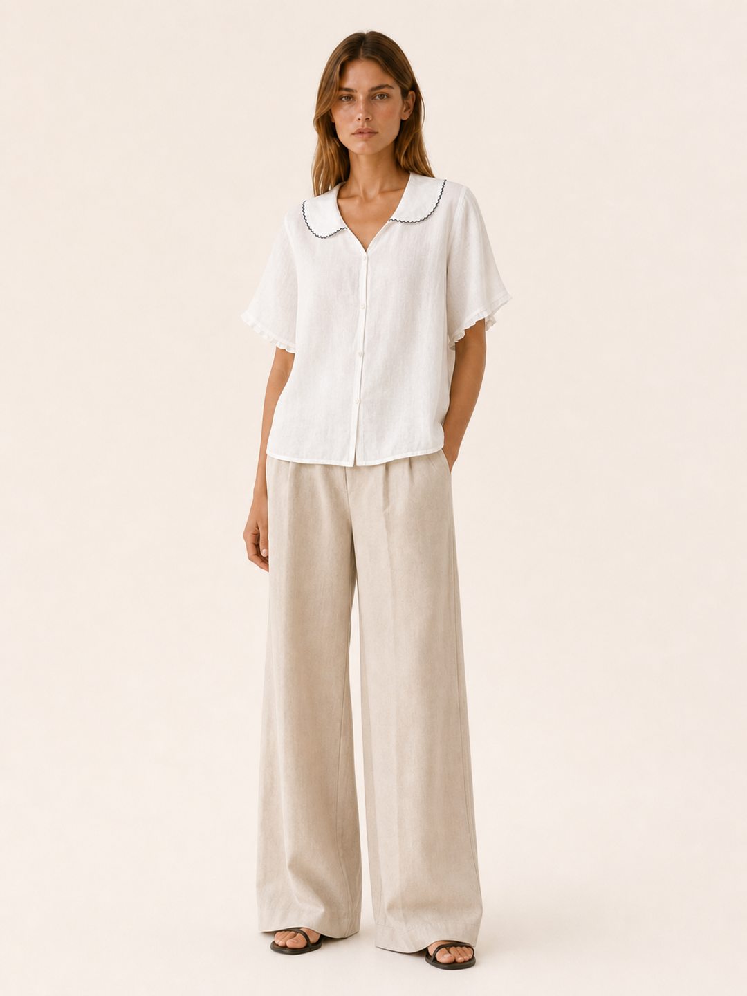 Thalia | Linen Blouse with Scalloped Collar and Button Front