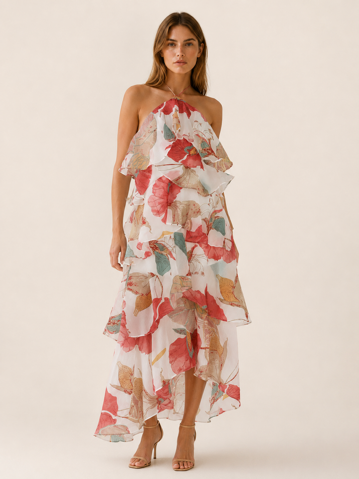 Thessaly | Floral Halterneck Maxi Dress with Ruffle Skirt