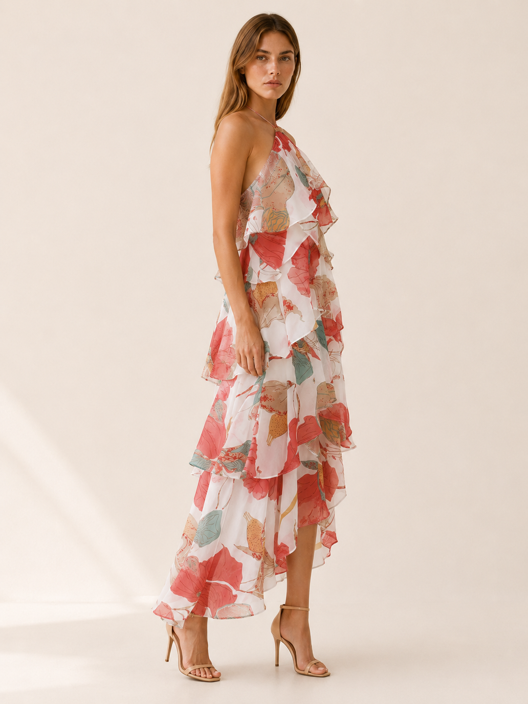 Thessaly | Floral Halterneck Maxi Dress with Ruffle Skirt