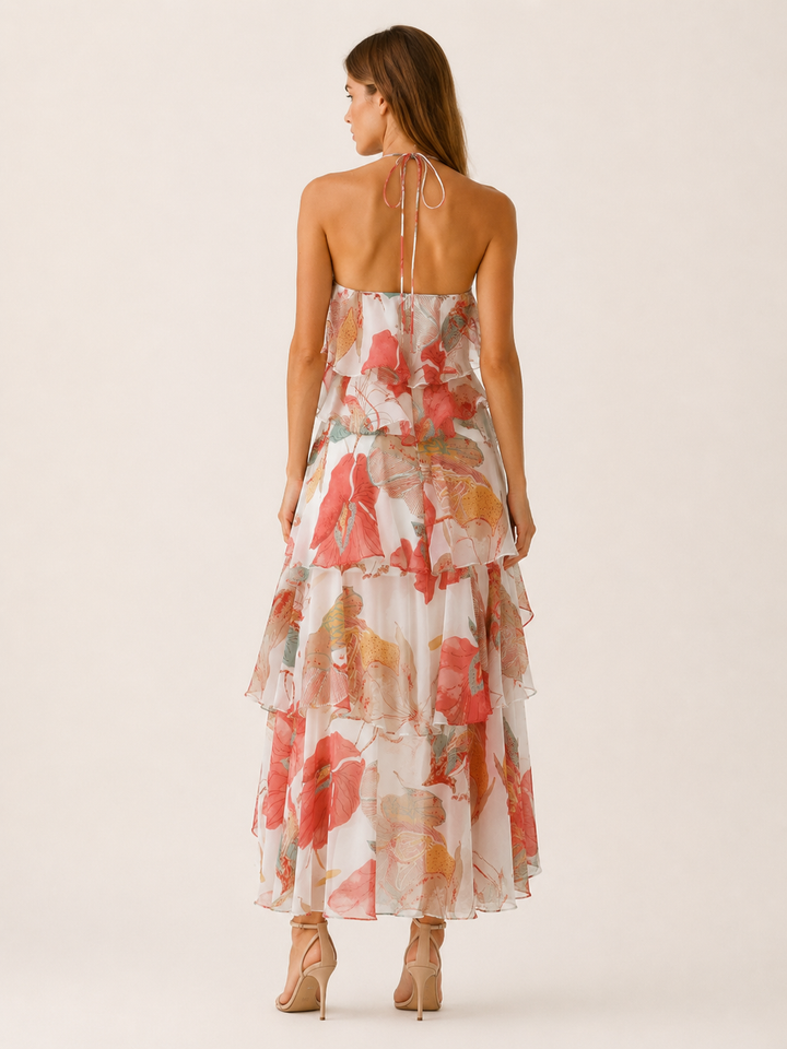 Thessaly | Floral Halterneck Maxi Dress with Ruffle Skirt