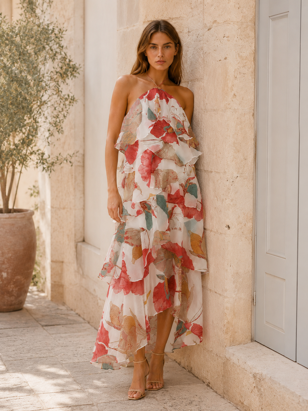 Thessaly | Floral Halterneck Maxi Dress with Ruffle Skirt