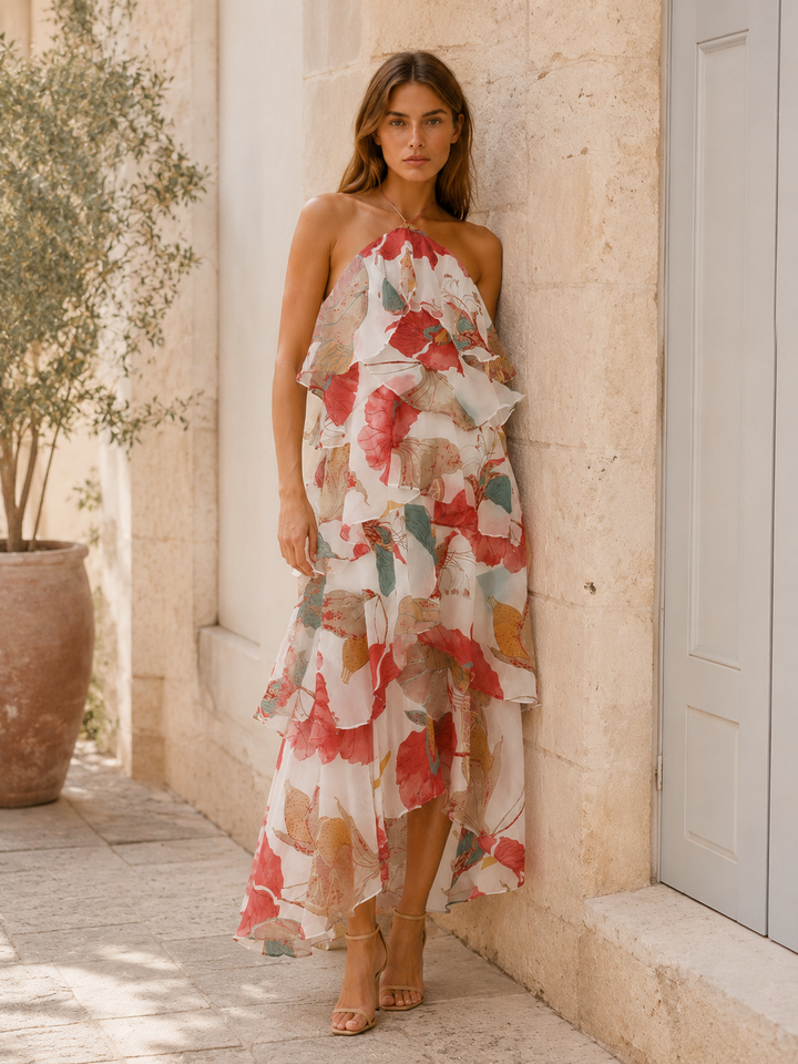 Thessaly | Floral Halterneck Maxi Dress with Ruffle Skirt