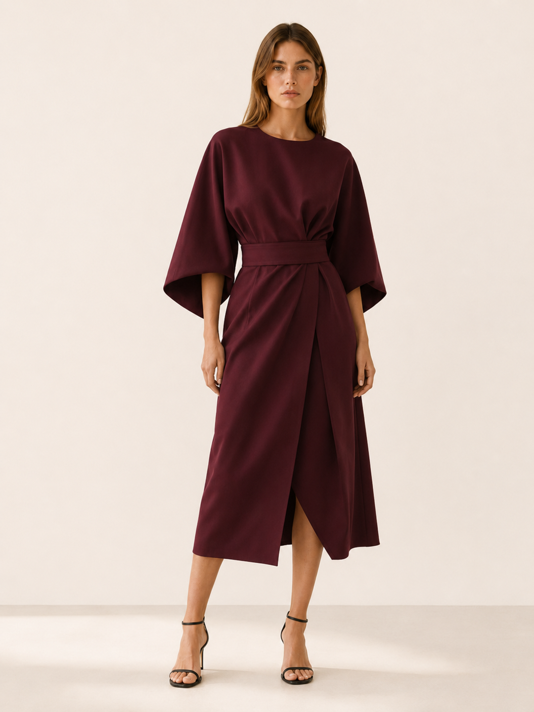 Tindra | Belted Midi Dress with Wide Sleeves