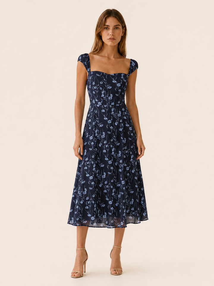 Tori | Floral Midi Dress with Sweetheart Neck and A-Line Fit