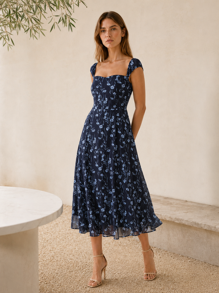 Tori | Floral Midi Dress with Sweetheart Neck and A-Line Fit