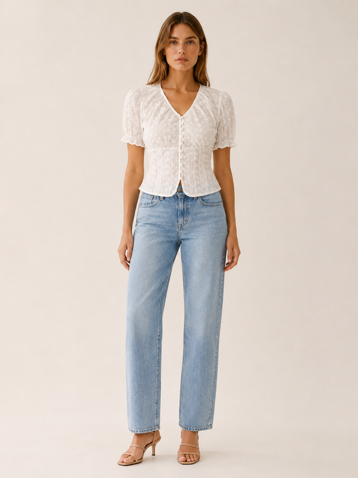Twyla | Eyelet Blouse with Puff Sleeves and Tie Back