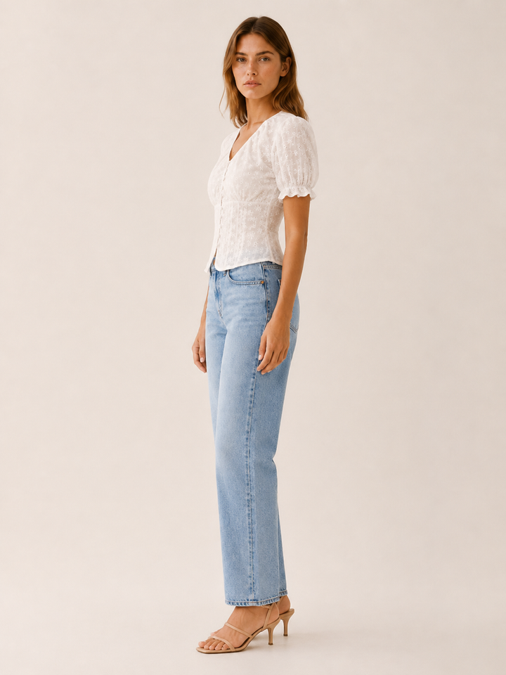 Twyla | Eyelet Blouse with Puff Sleeves and Tie Back