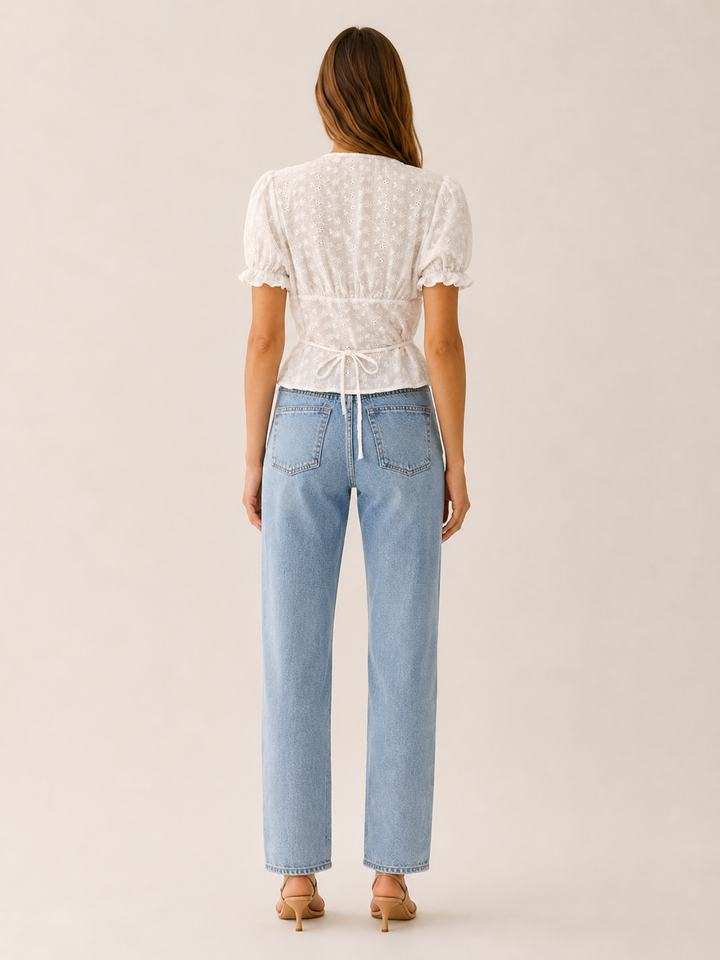 Twyla | Eyelet Blouse with Puff Sleeves and Tie Back