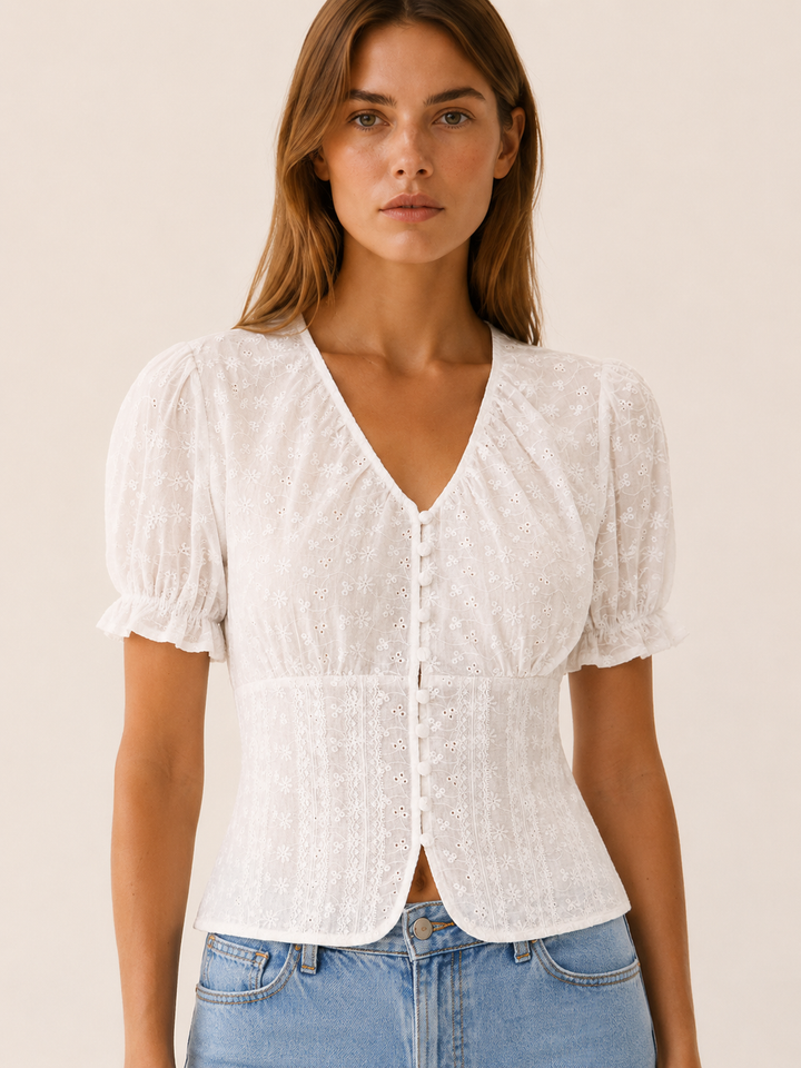 Twyla | Eyelet Blouse with Puff Sleeves and Tie Back