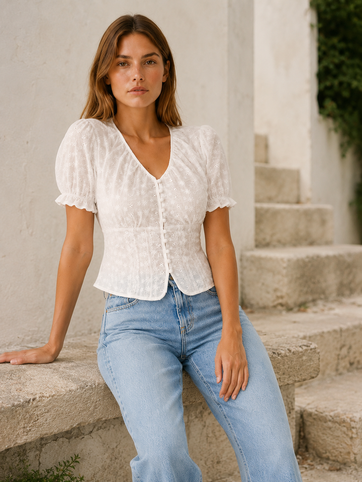 Twyla | Eyelet Blouse with Puff Sleeves and Tie Back
