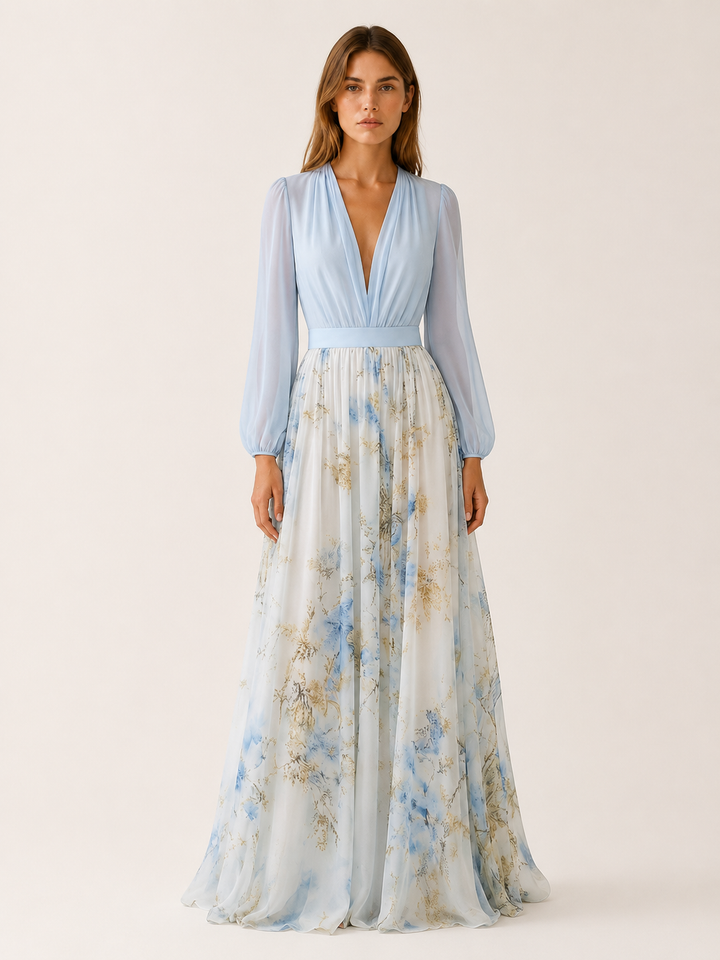 Vada | Floral Maxi Dress with V Neck and Sheer Sleeves