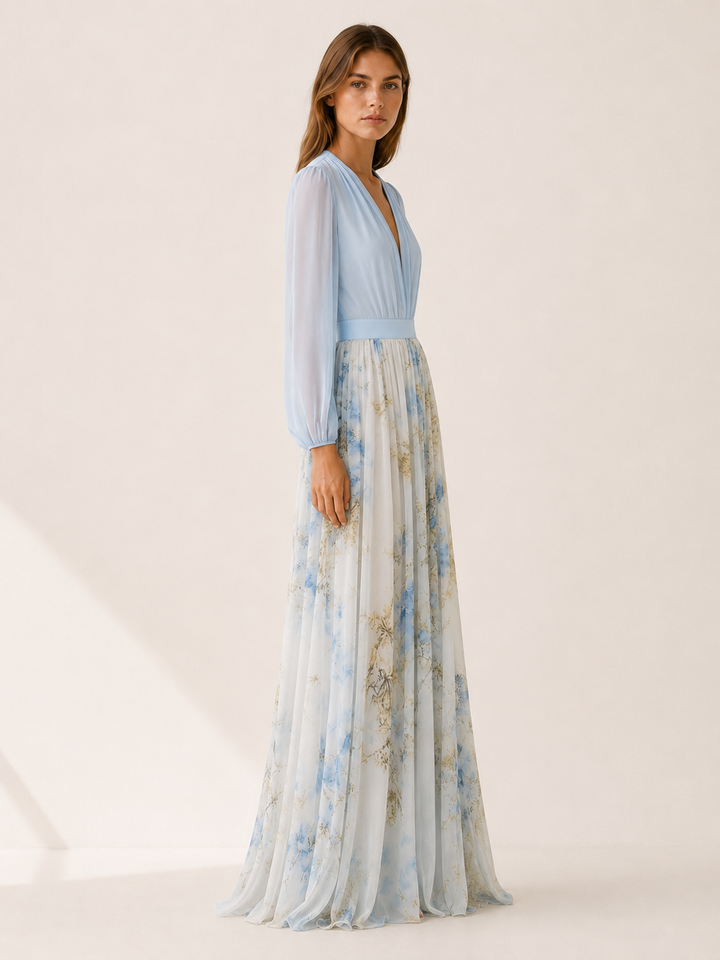 Vada | Floral Maxi Dress with V Neck and Sheer Sleeves
