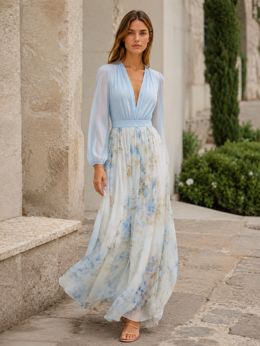 Vada | Floral Maxi Dress with V Neck and Sheer Sleeves