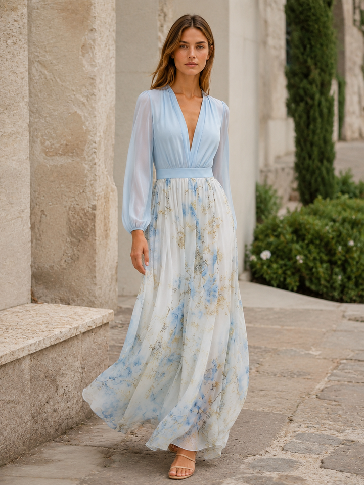 Vada | Floral Maxi Dress with V Neck and Sheer Sleeves