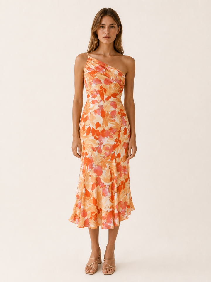 Vespera | Floral Midi Dress with One Shoulder Cut