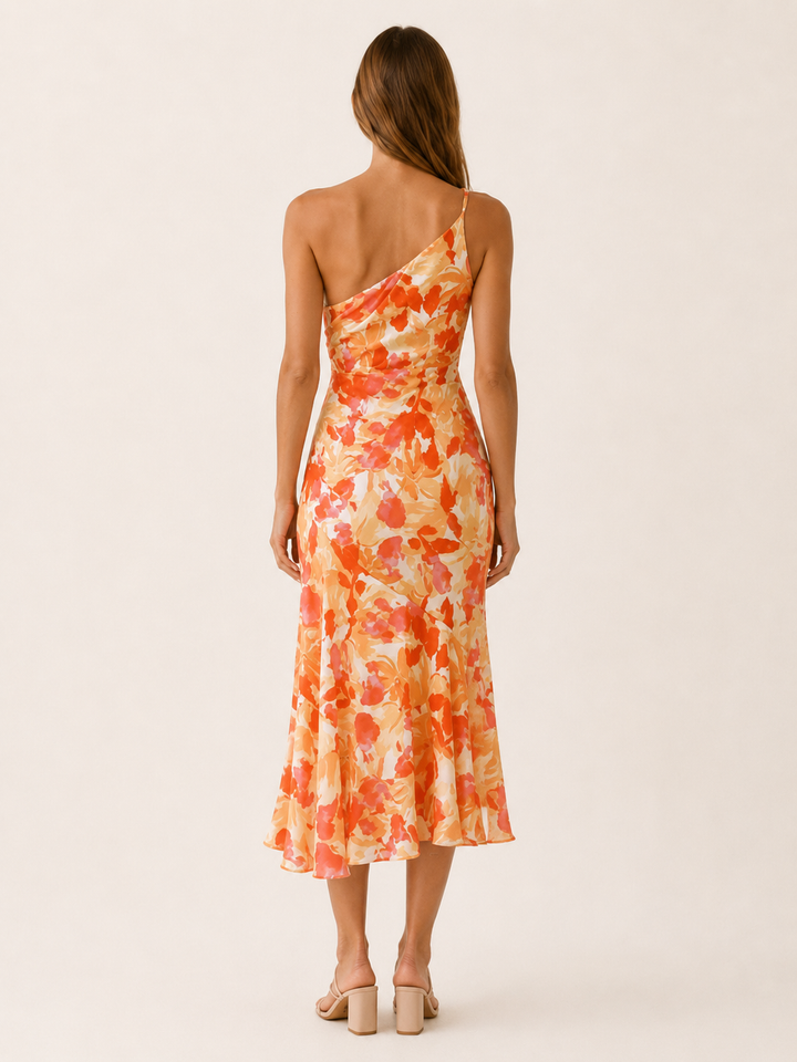 Vespera | Floral Midi Dress with One Shoulder Cut