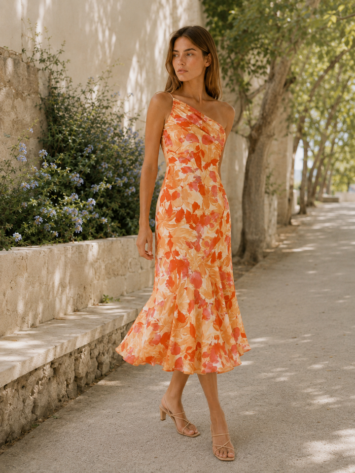Vespera | Floral Midi Dress with One Shoulder Cut