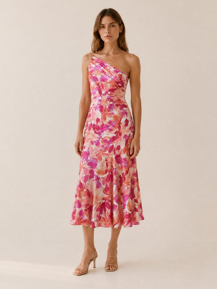 Vespera | Floral Midi Dress with One Shoulder Cut