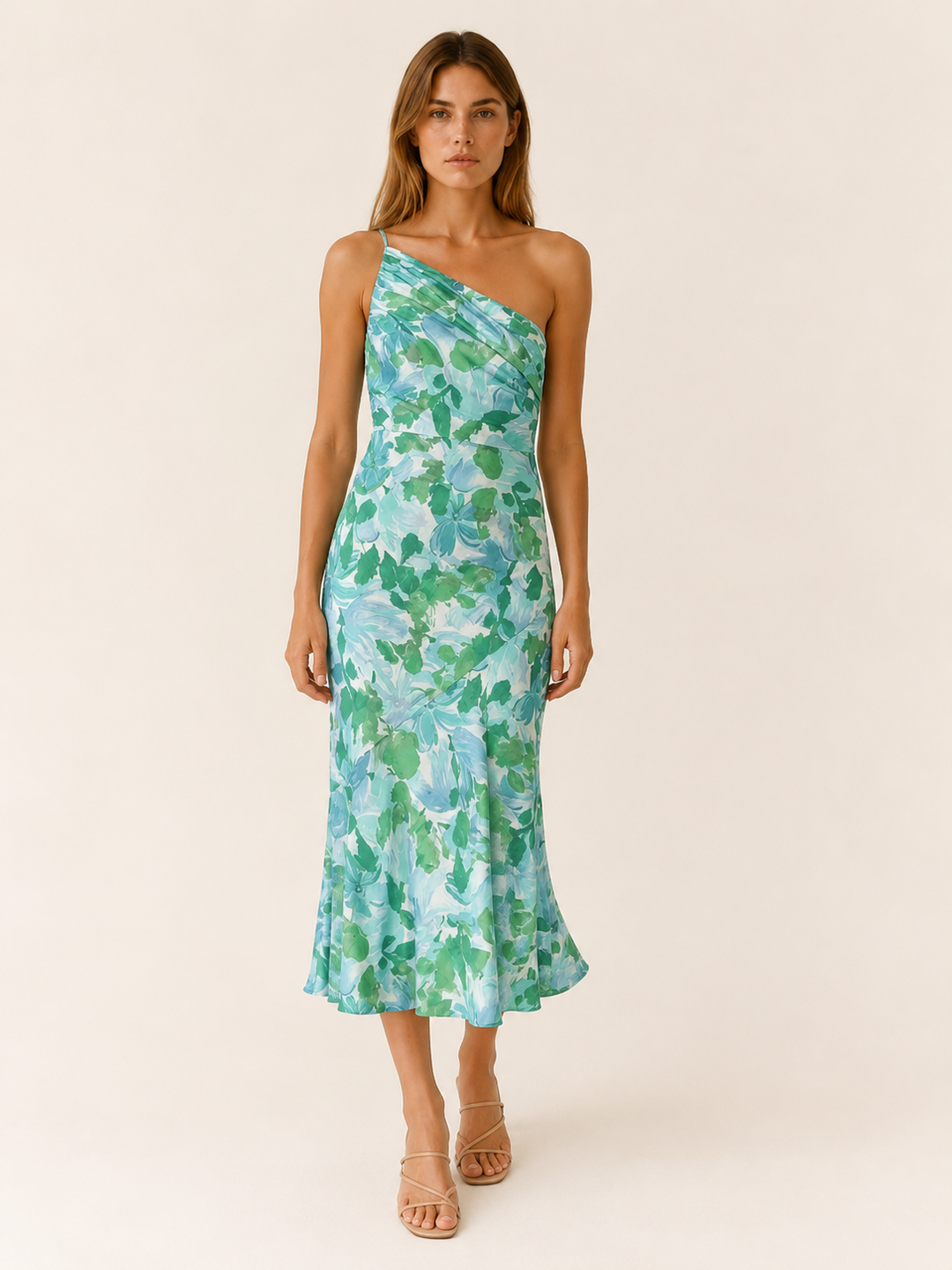 Vespera | Floral Midi Dress with One Shoulder Cut