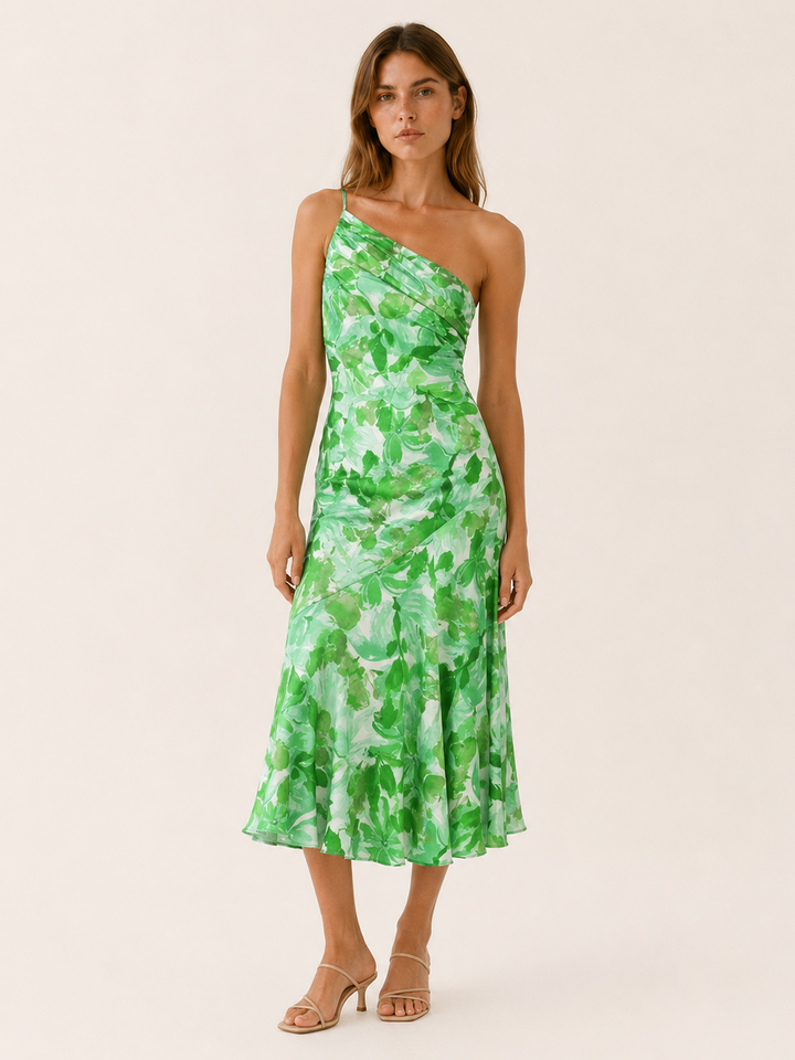 Vespera | Floral Midi Dress with One Shoulder Cut