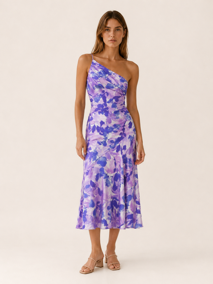 Vespera | Floral Midi Dress with One Shoulder Cut