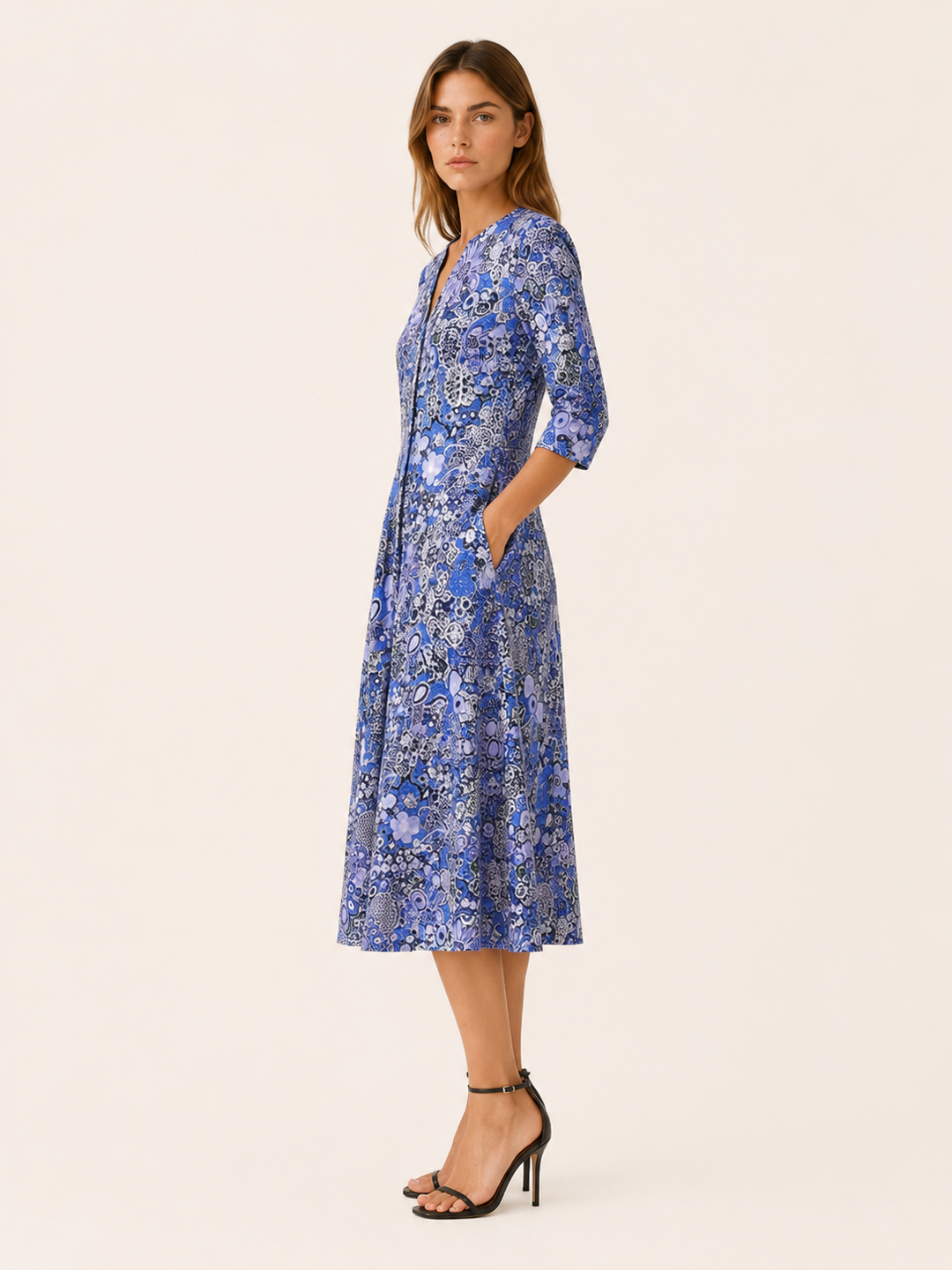 Viola | Printed Midi Dress with V Neck and Pockets