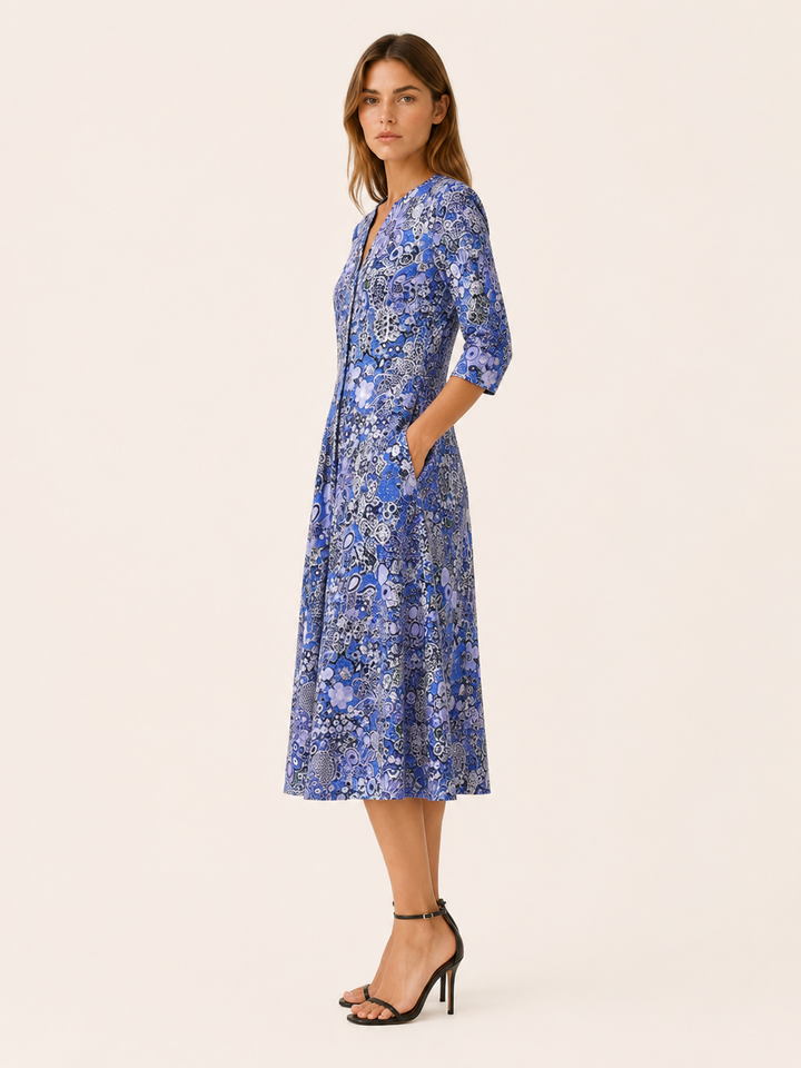Viola | Printed Midi Dress with V Neck and Pockets