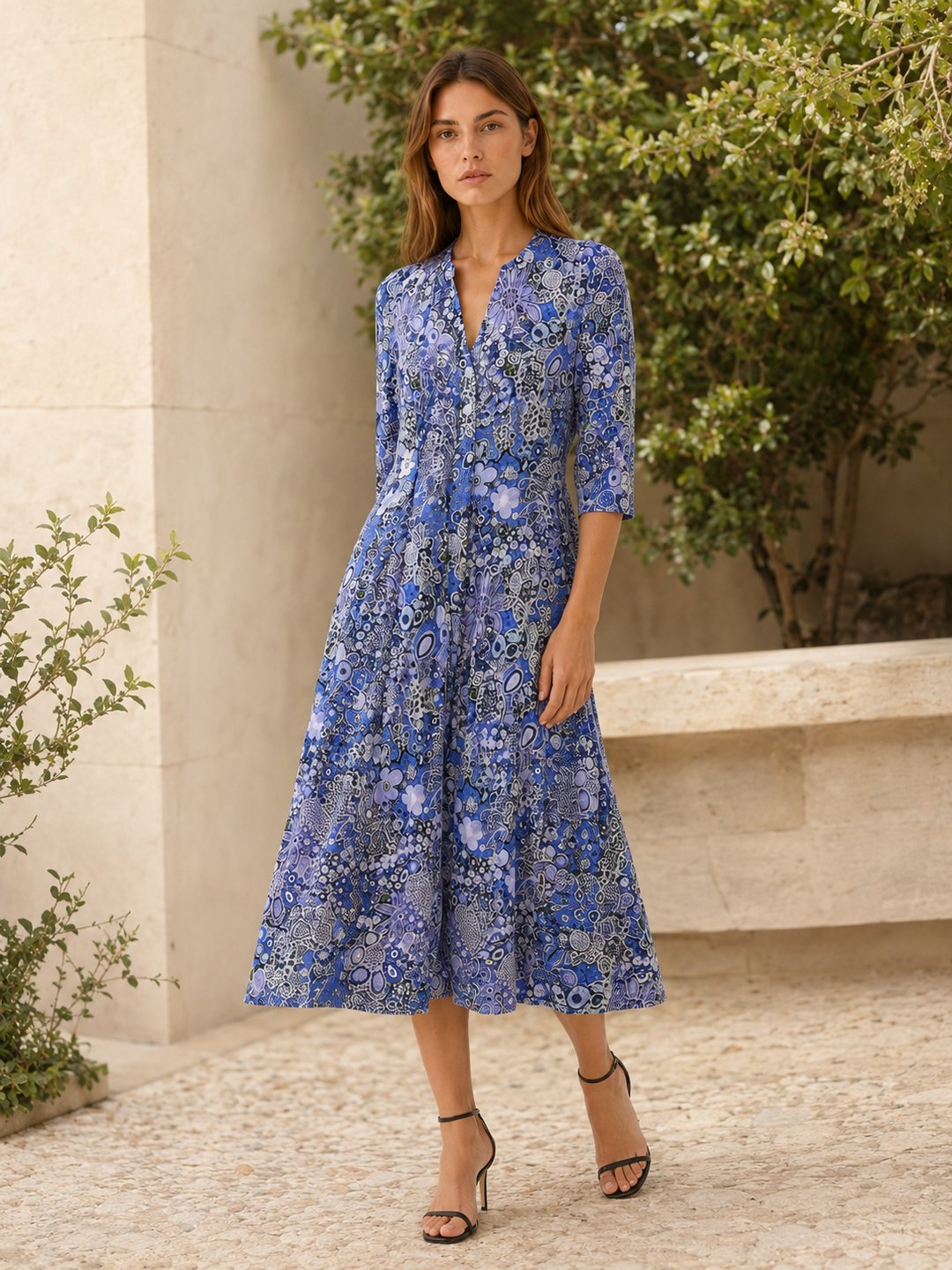 Viola | Printed Midi Dress with V Neck and Pockets