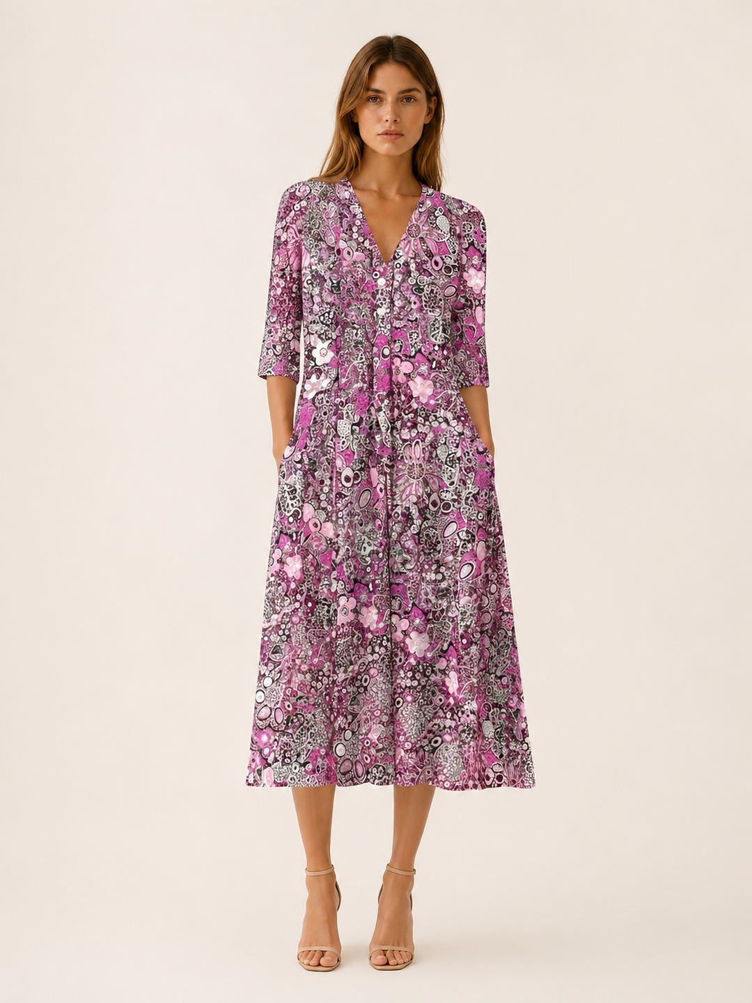 Viola | Printed Midi Dress with V Neck and Pockets