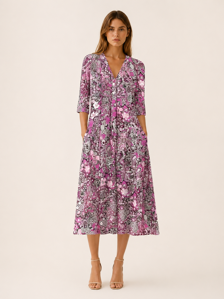 Viola | Printed Midi Dress with V Neck and Pockets