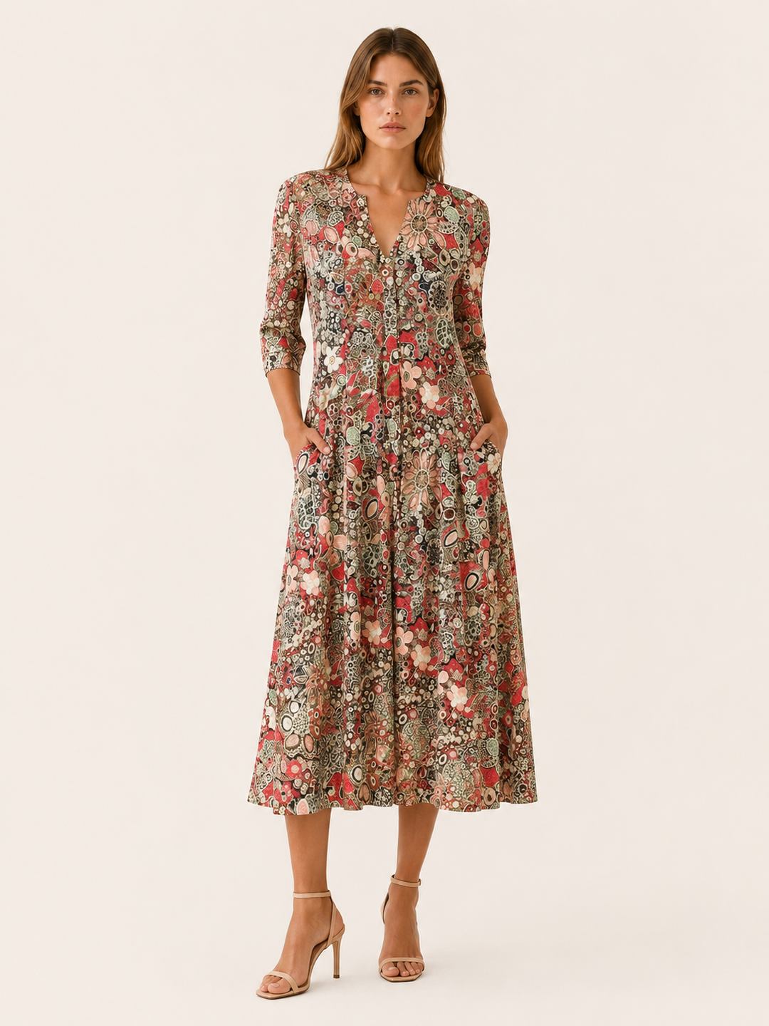 Viola | Printed Midi Dress with V Neck and Pockets