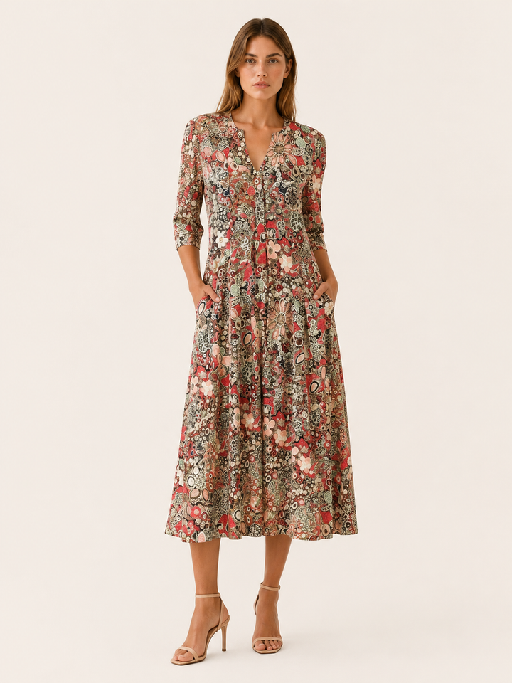 Viola | Printed Midi Dress with V Neck and Pockets