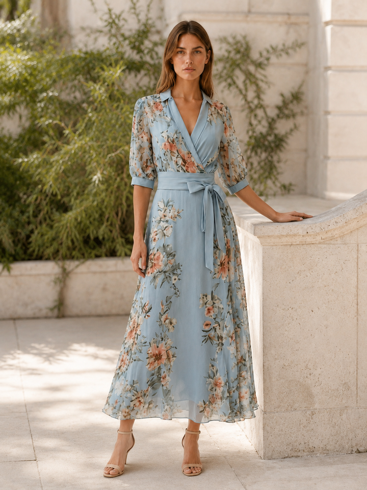 Wren | Floral Maxi Dress with V Neck and Tie Waist