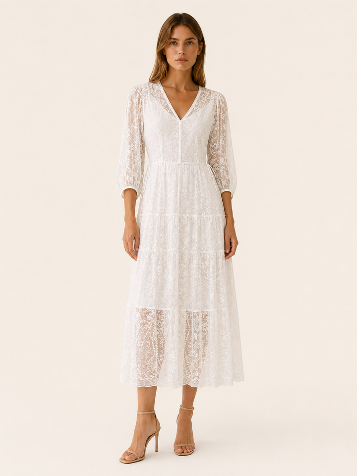 Zamira | Lace Midi Dress with V Neck and Tie Waist