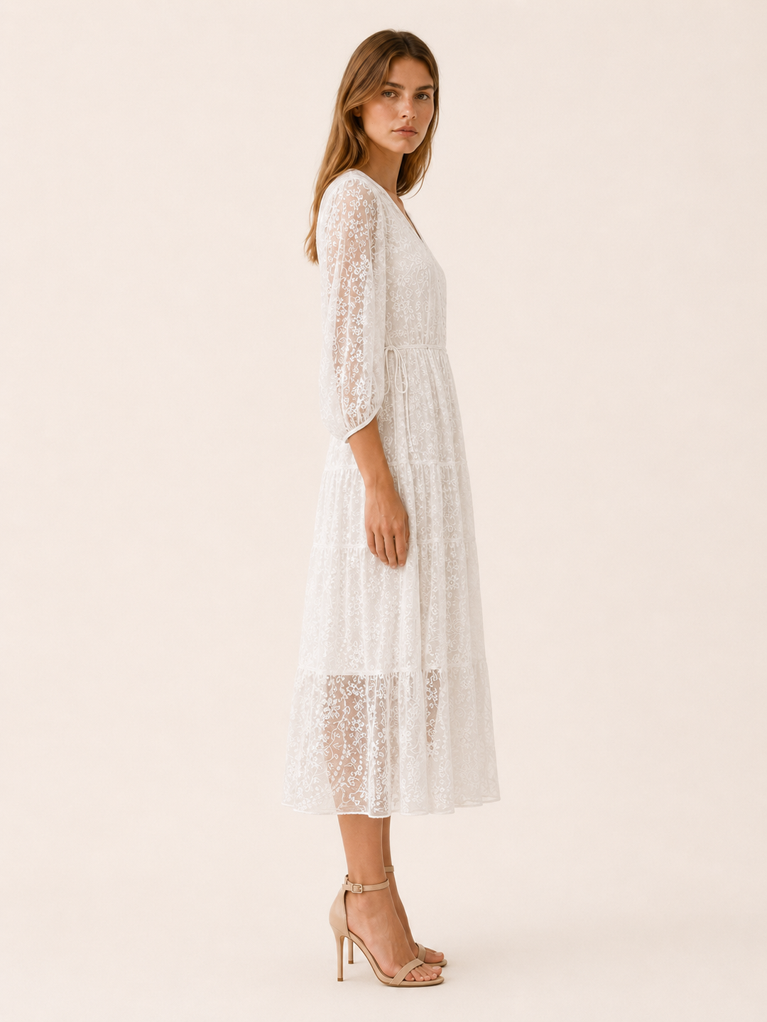 Zamira | Lace Midi Dress with V Neck and Tie Waist