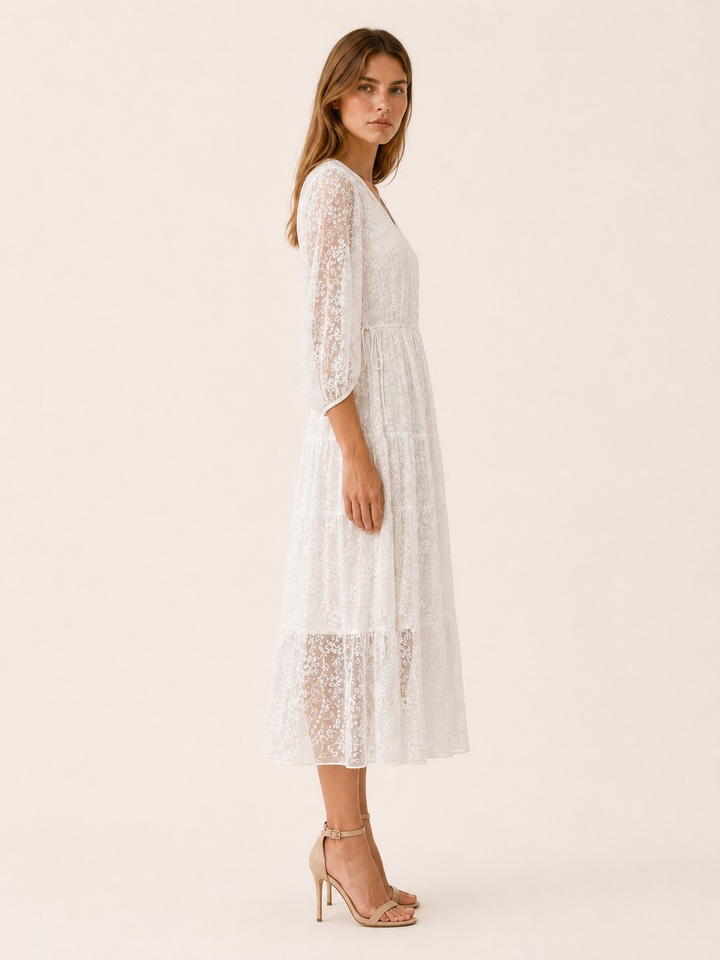 Zamira | Lace Midi Dress with V Neck and Tie Waist
